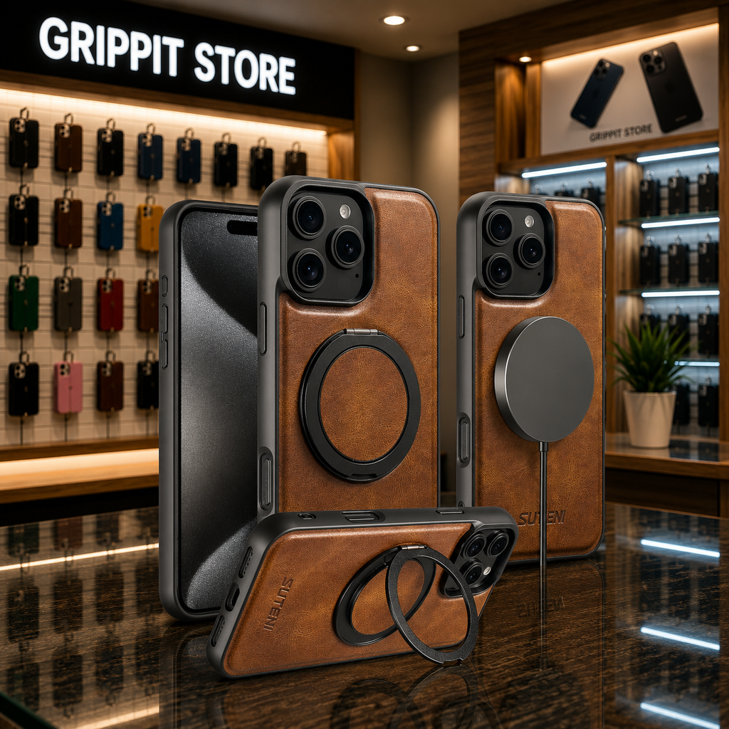 Magnetic Leather Kickstand Case for iPhone 16 / 15 / 14 / 13 / 12 Series