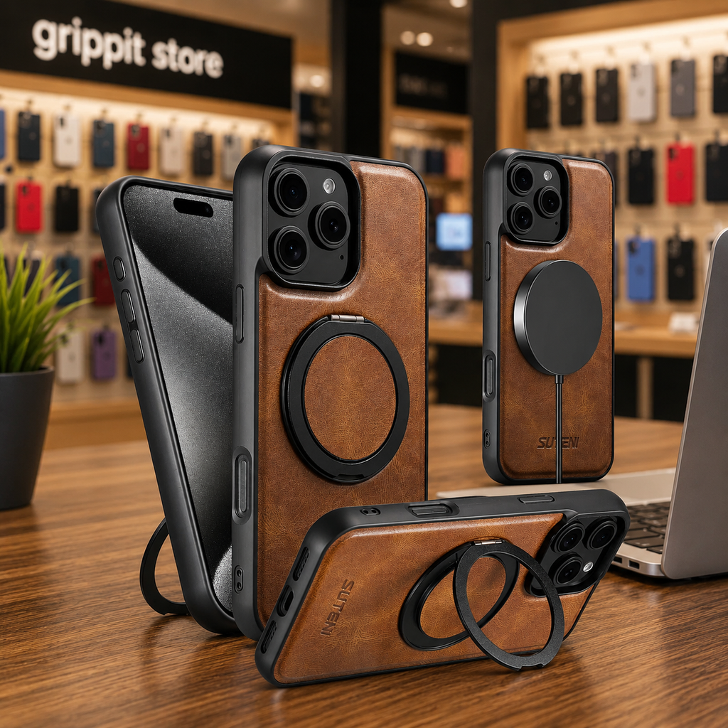 Magnetic Leather Kickstand Case for iPhone 16 / 15 / 14 / 13 / 12 Series