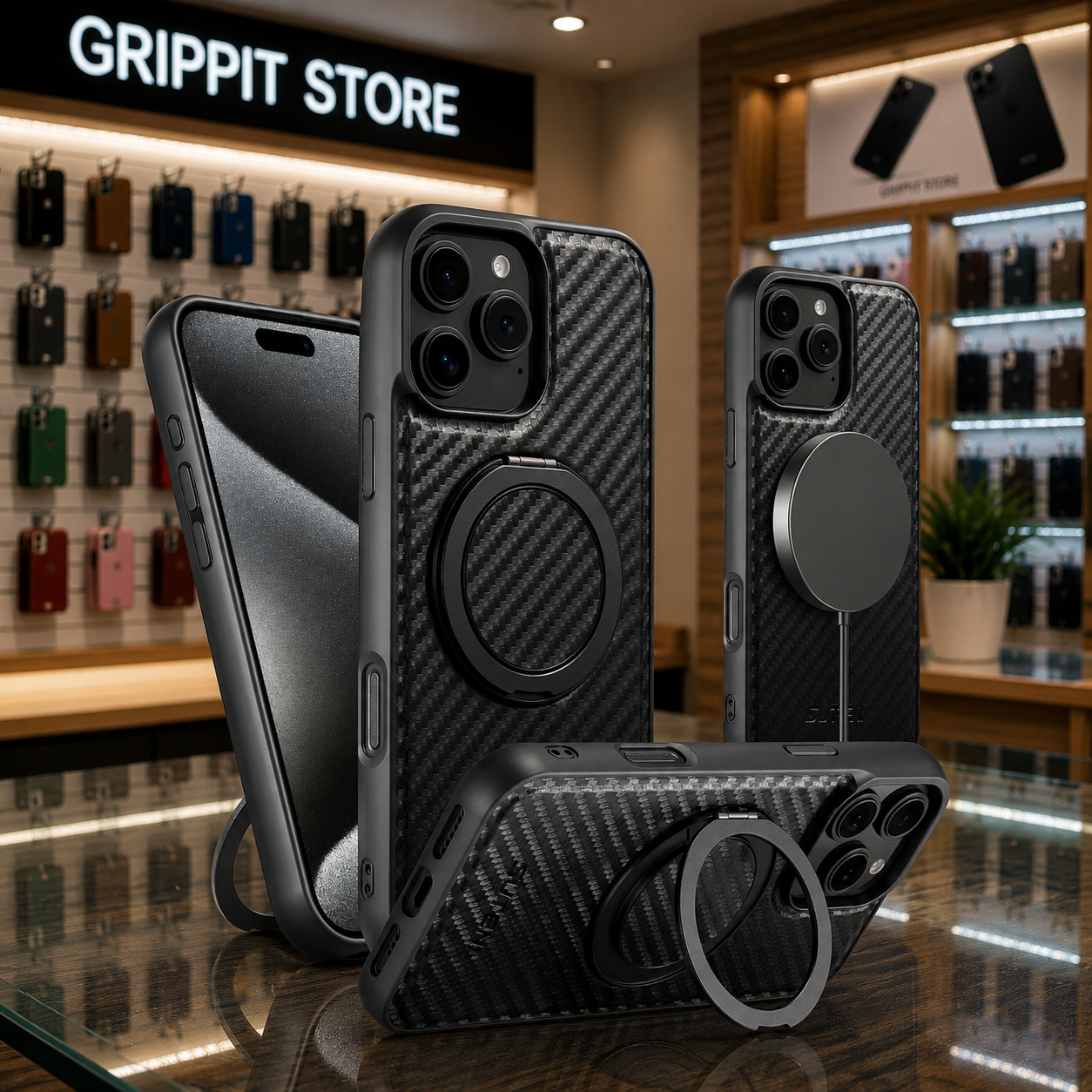 Magnetic Carbon Fiber Kickstand Case for iPhone 16 / 15 / 14 / 13 / 12 Series