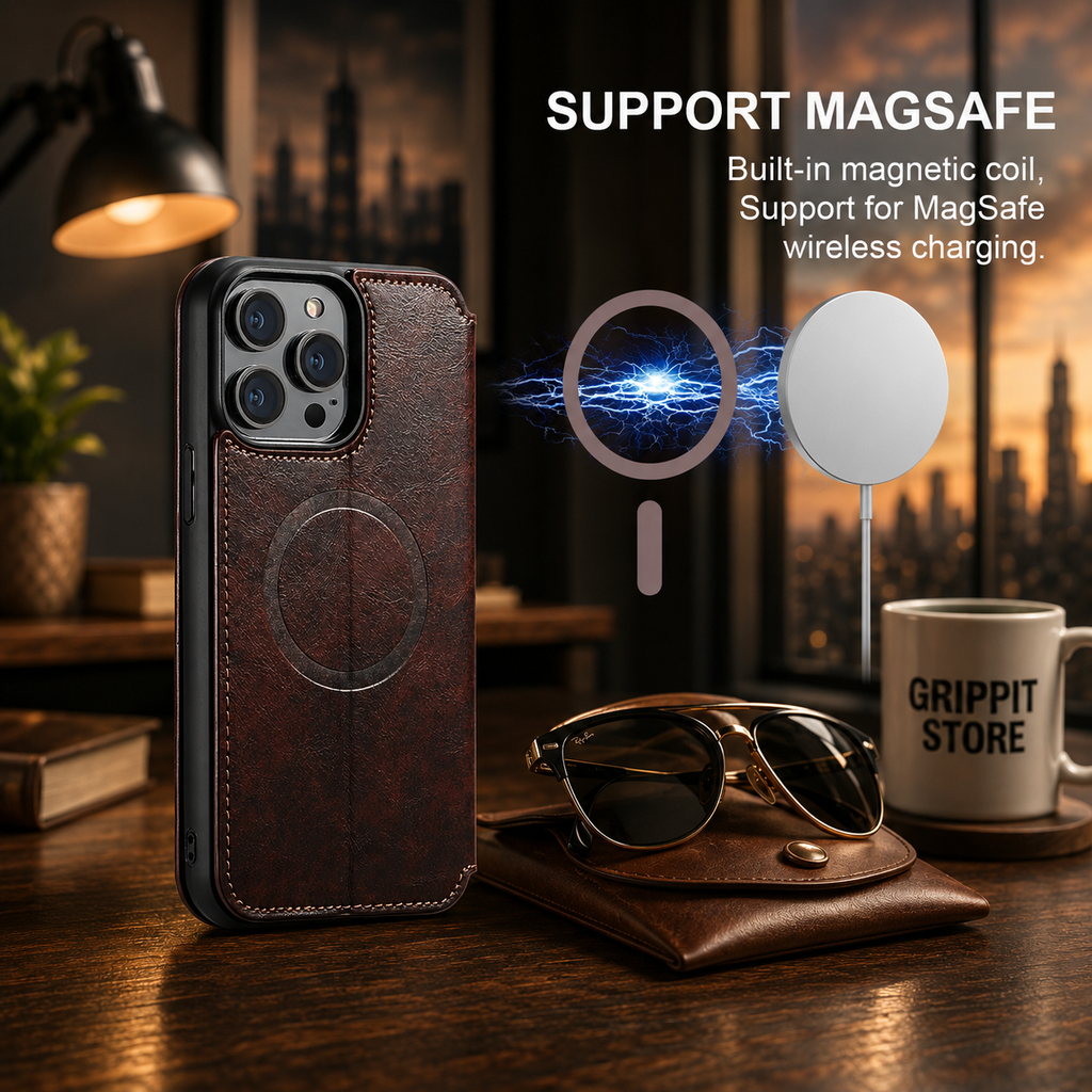 Magnetic Leather Wallet Case for iPhone 15 / 14 / 13 / 12 Series