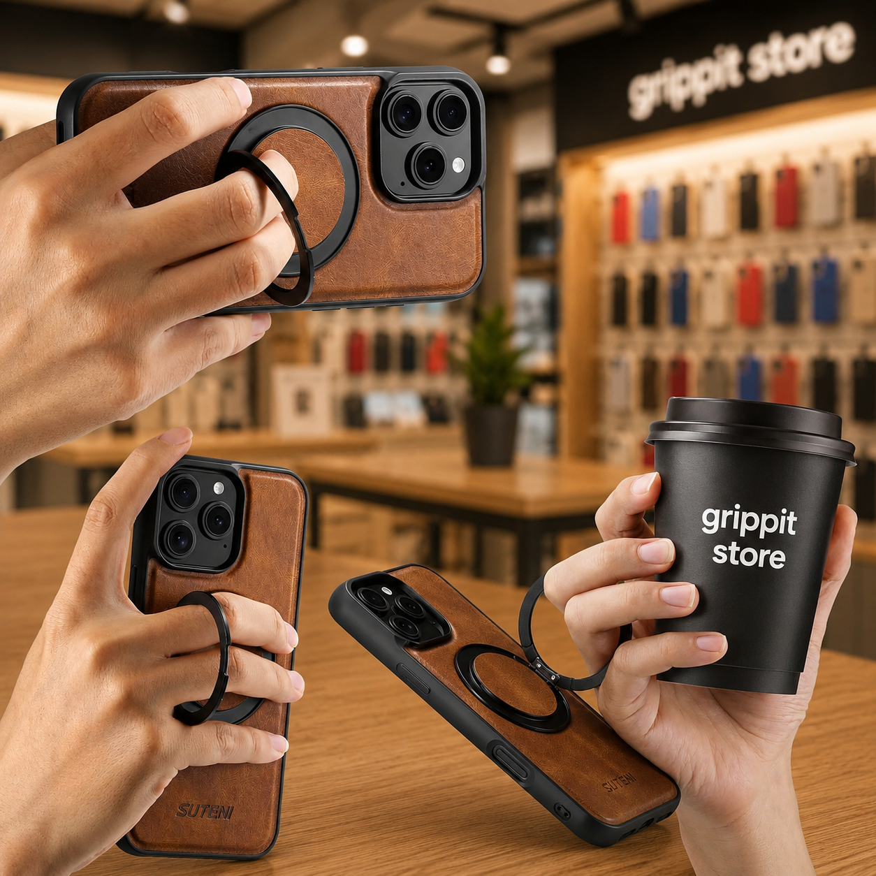 Magnetic Leather Kickstand Case for iPhone 16 / 15 / 14 / 13 / 12 Series