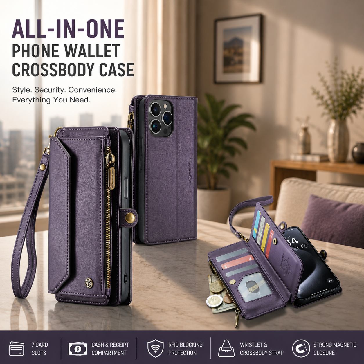 RFID Blocking Crossbody Wallet Case for iPhone 15–11 Series