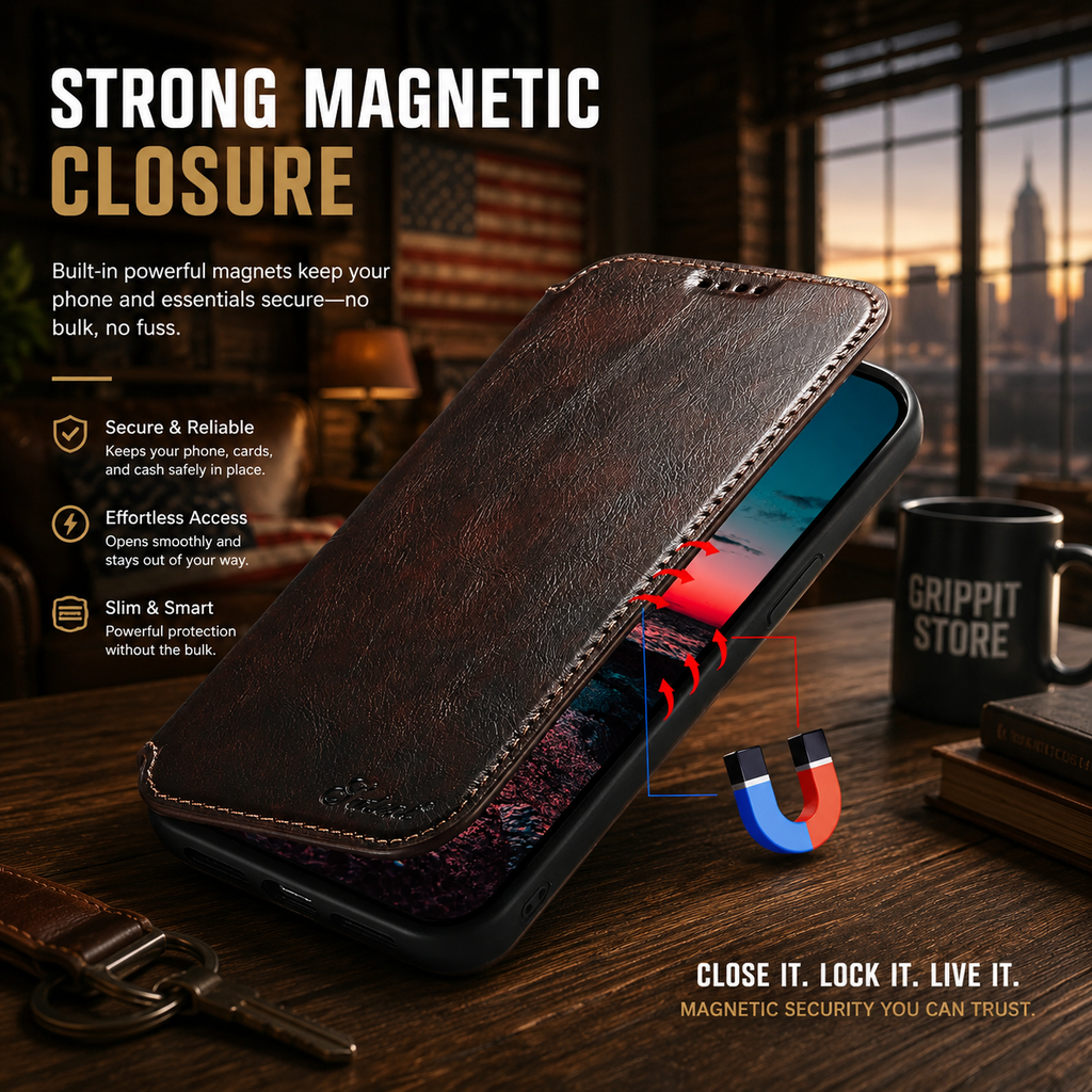 Magnetic Leather Wallet Case for iPhone 15 / 14 / 13 / 12 Series