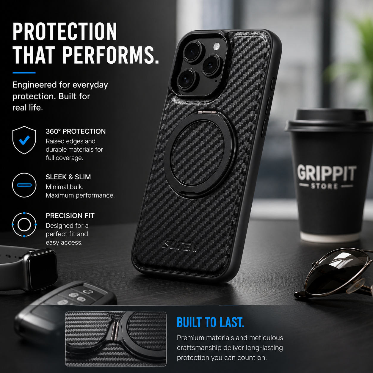 Magnetic Carbon Fiber Kickstand Case for iPhone 16 / 15 / 14 / 13 / 12 Series