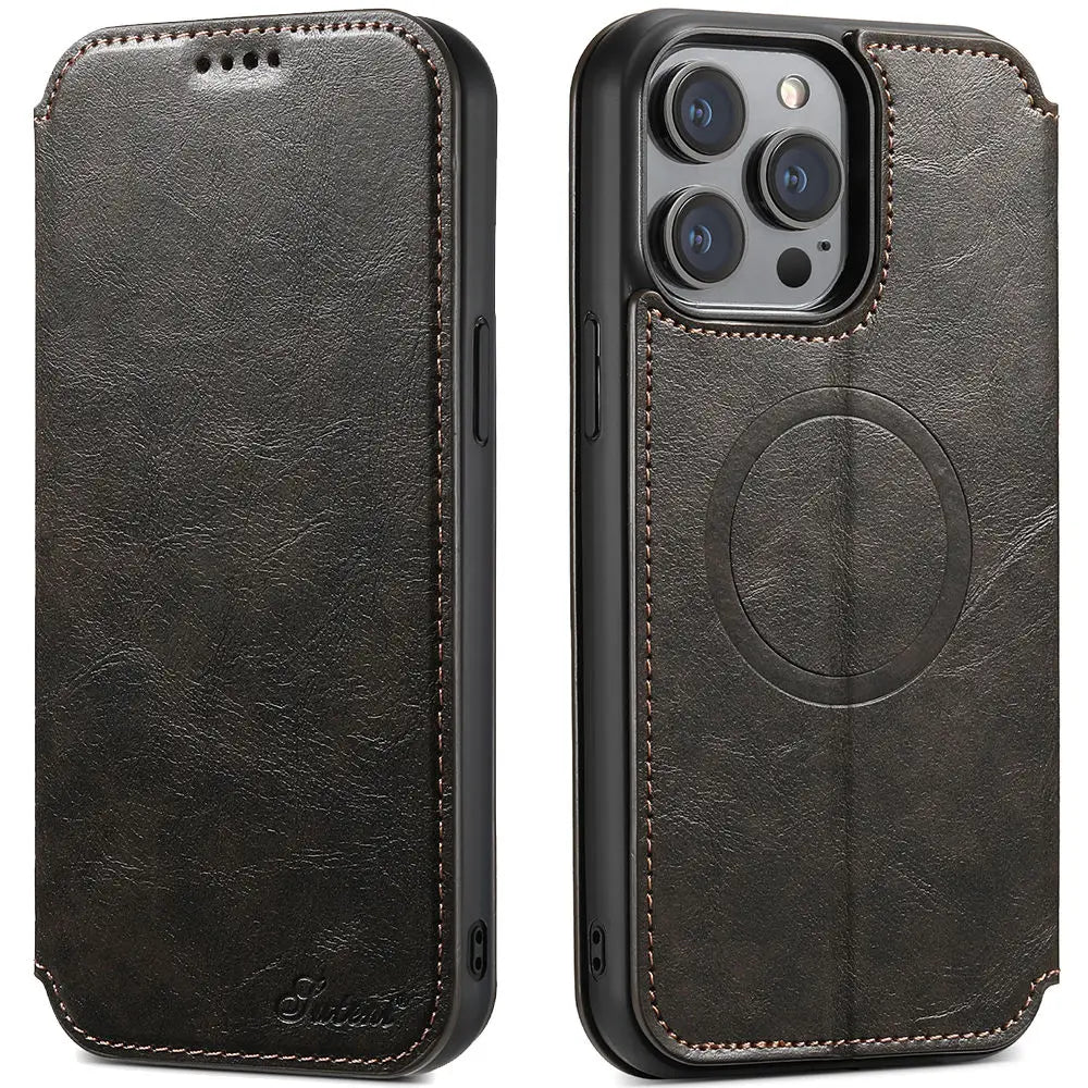 Magnetic Leather Wallet Case for iPhone 15 / 14 / 13 / 12 Series