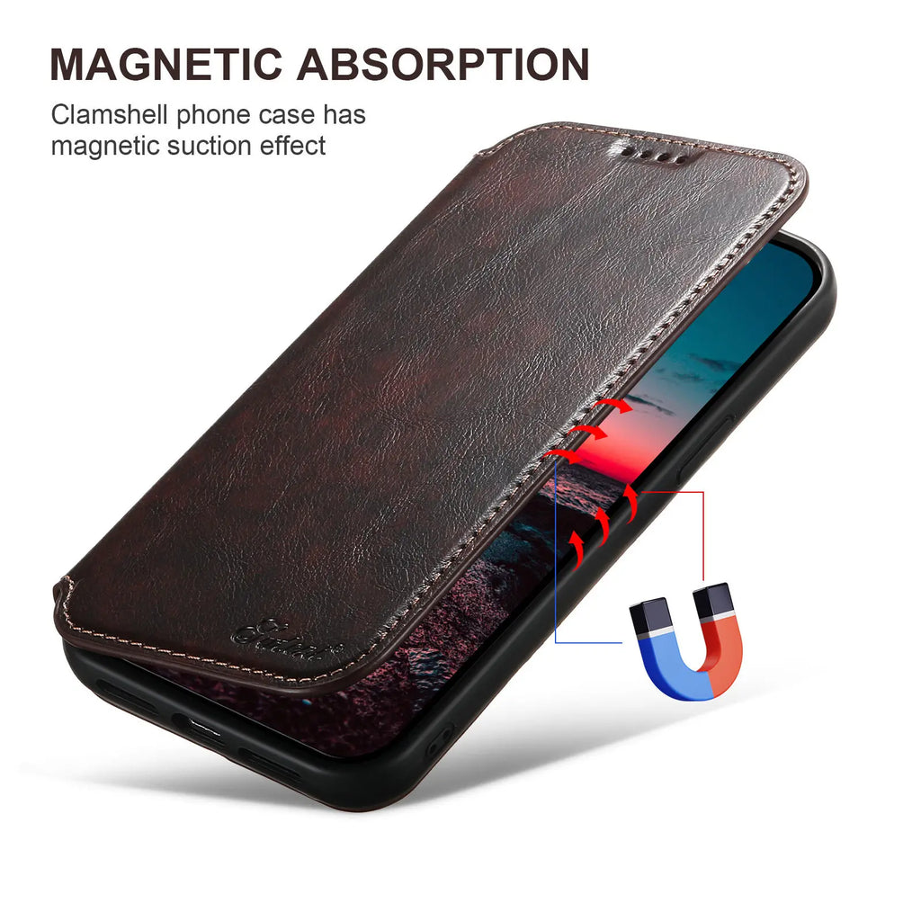 Magnetic Leather Wallet Case for iPhone 15 / 14 / 13 / 12 Series