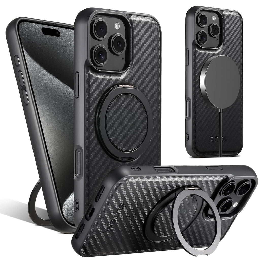 Magnetic Carbon Fiber Kickstand Case for iPhone 16 / 15 / 14 / 13 / 12 Series