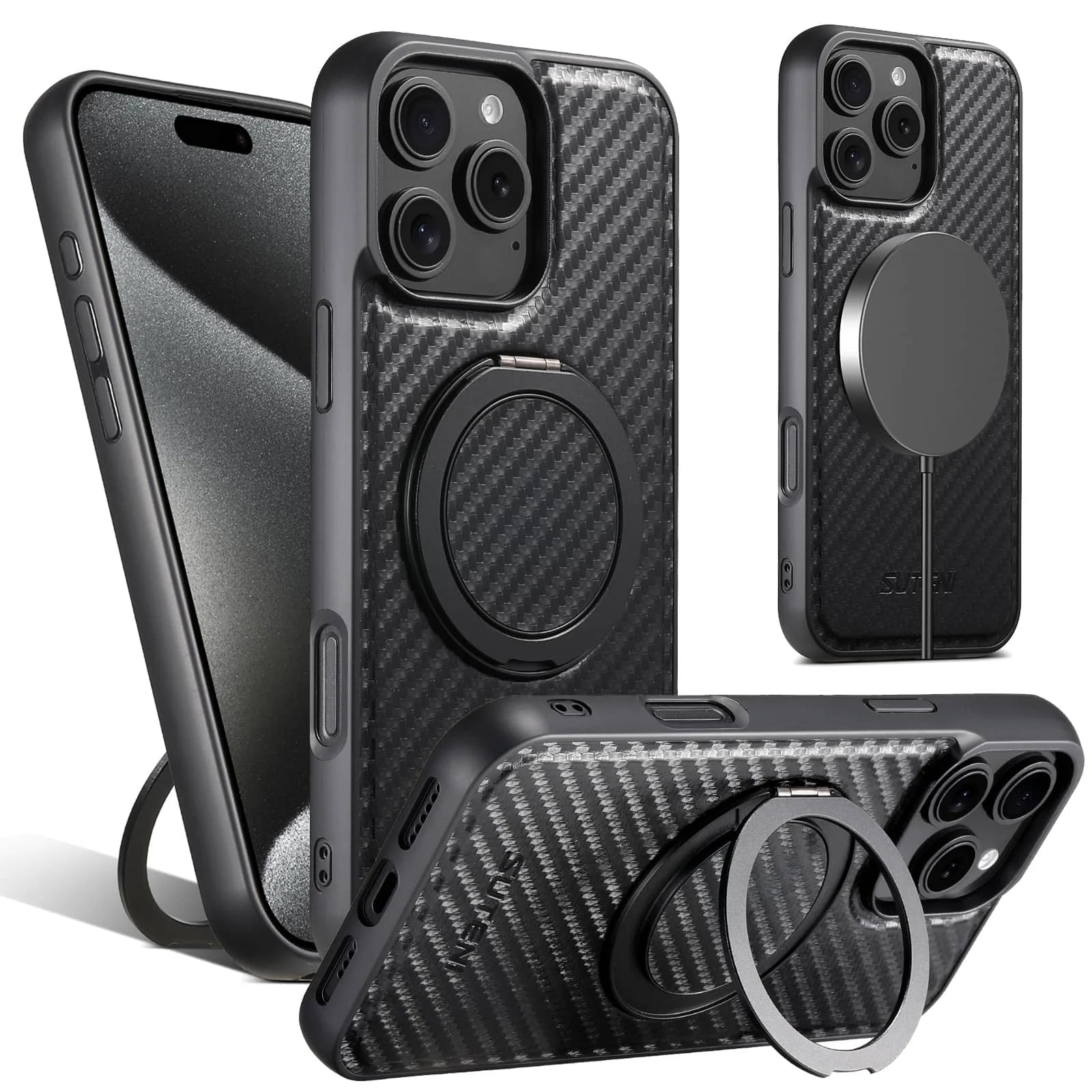 Magnetic Carbon Fiber Kickstand Case for iPhone 16 / 15 / 14 / 13 / 12 Series