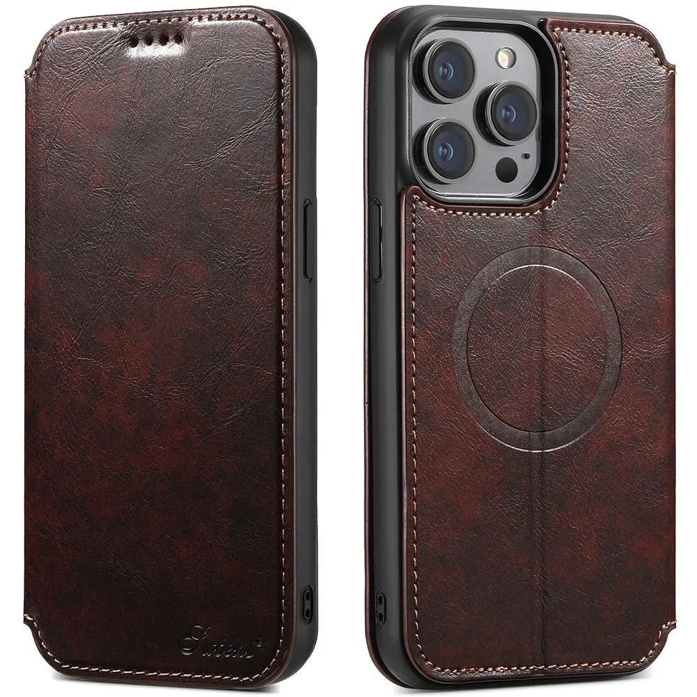 Magnetic Leather Wallet Case for iPhone 15 / 14 / 13 / 12 Series