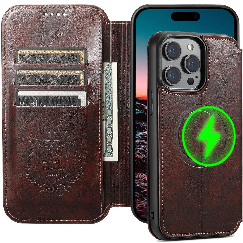 Magnetic Leather Wallet Case for iPhone 15 / 14 / 13 / 12 Series
