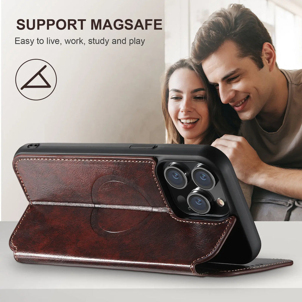 Magnetic Leather Wallet Case for iPhone 15 / 14 / 13 / 12 Series