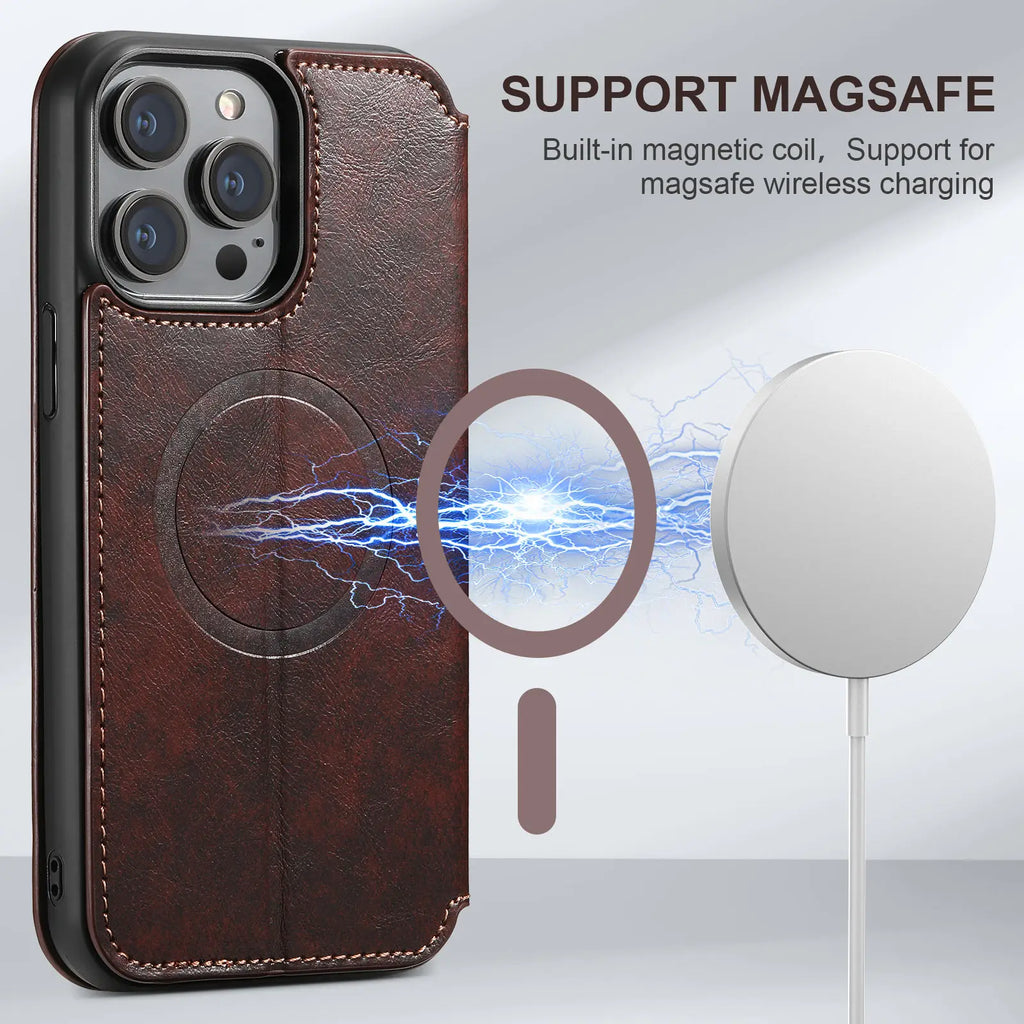 Magnetic Leather Wallet Case for iPhone 15 / 14 / 13 / 12 Series