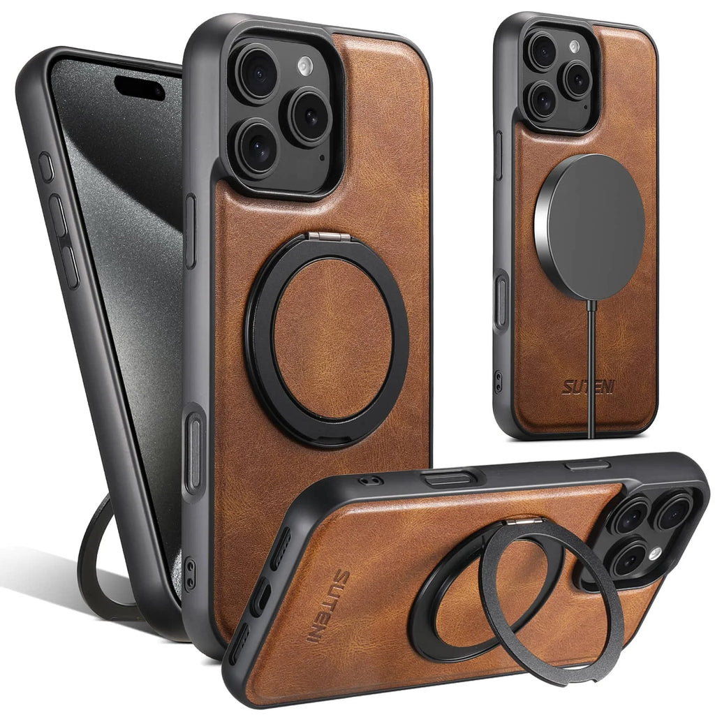 Magnetic Leather Kickstand Case for iPhone 16 / 15 / 14 / 13 / 12 Series